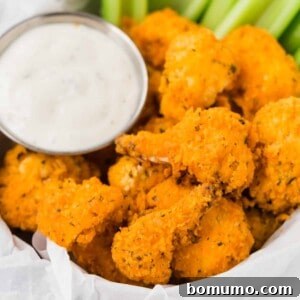 Air fryer buffalo cauliflower bites with dip.