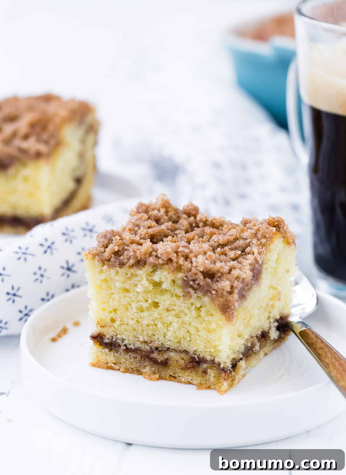 Square piece of cake with cinnamon layer.