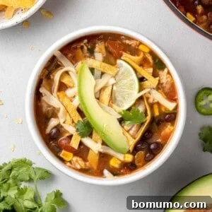 Overhead view of a bowl of chicken tortilla soup topped with avocado, tortilla strips, and cheese.