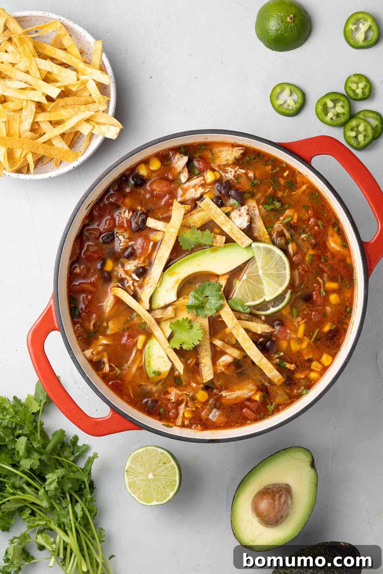 Large red dutch oven filled with chicken tortilla soup and fun garnishes.