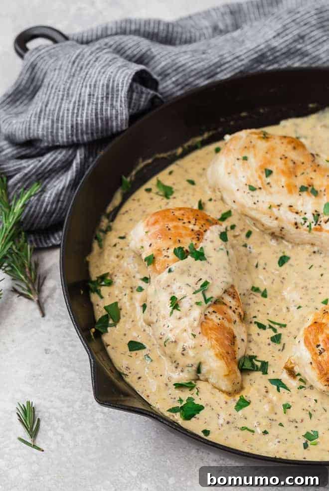 Image of succulent chicken breasts nestled in a creamy, golden-yellow mustard sauce, garnished with fresh parsley.