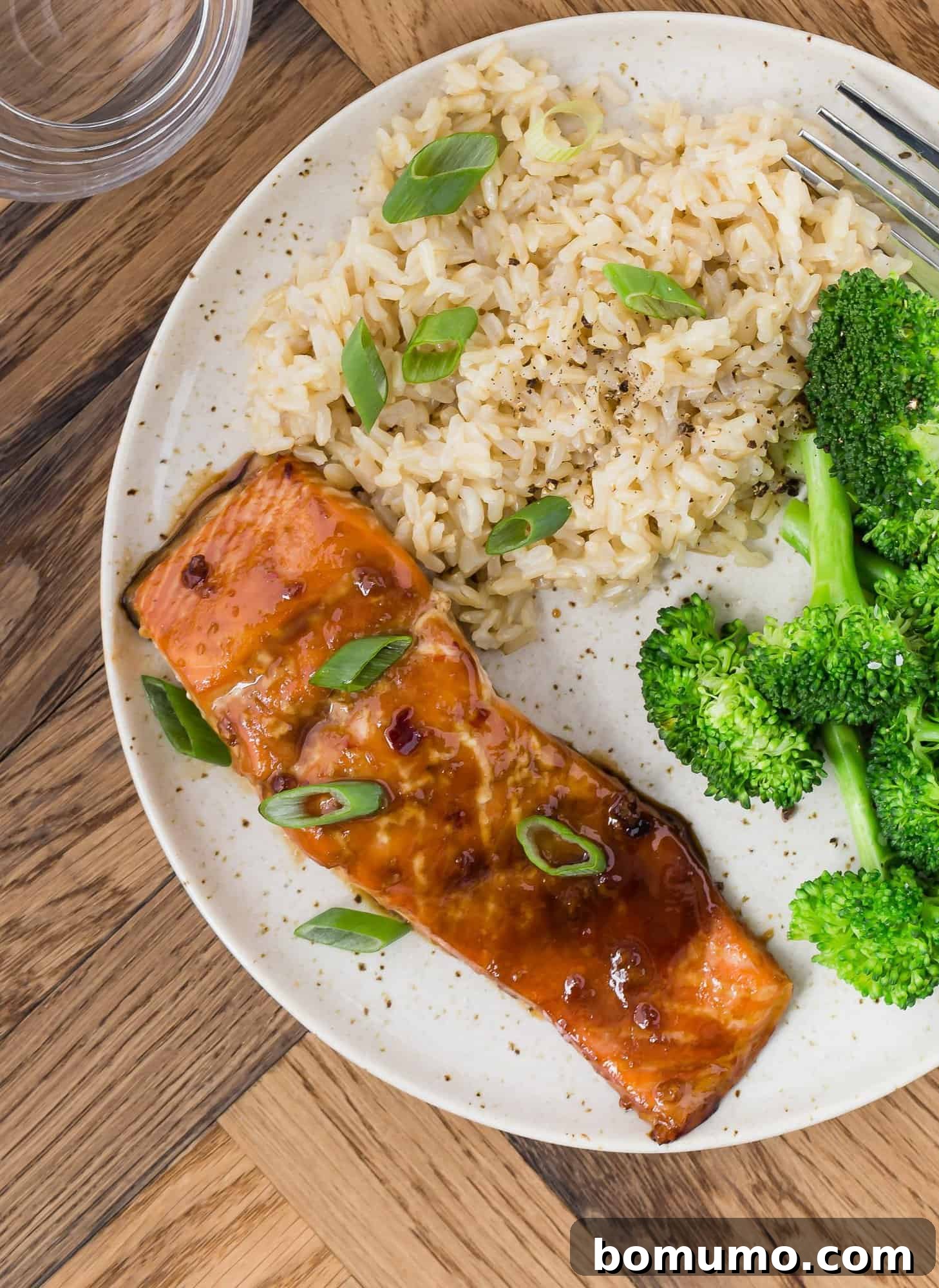 Soy glazed salmon on a plate with broccoli and rice, showcasing a perfectly cooked fillet with a rich, glossy glaze.