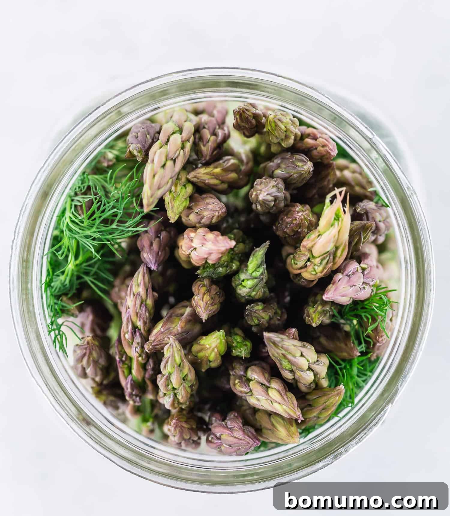 Overhead view of asparagus in a jar.