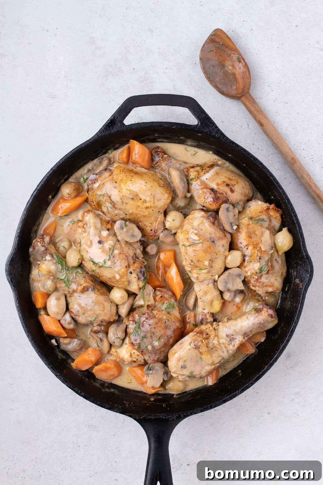 The completed chicken fricassee, with chicken nestled back into the creamy sauce, ready to be served from the black skillet.