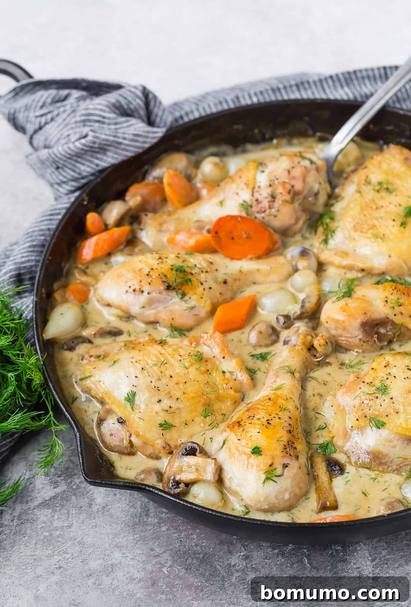 A close-up of a finished chicken fricassee dish, presented in a black skillet with vibrant vegetables and a rich sauce, ready for serving.
