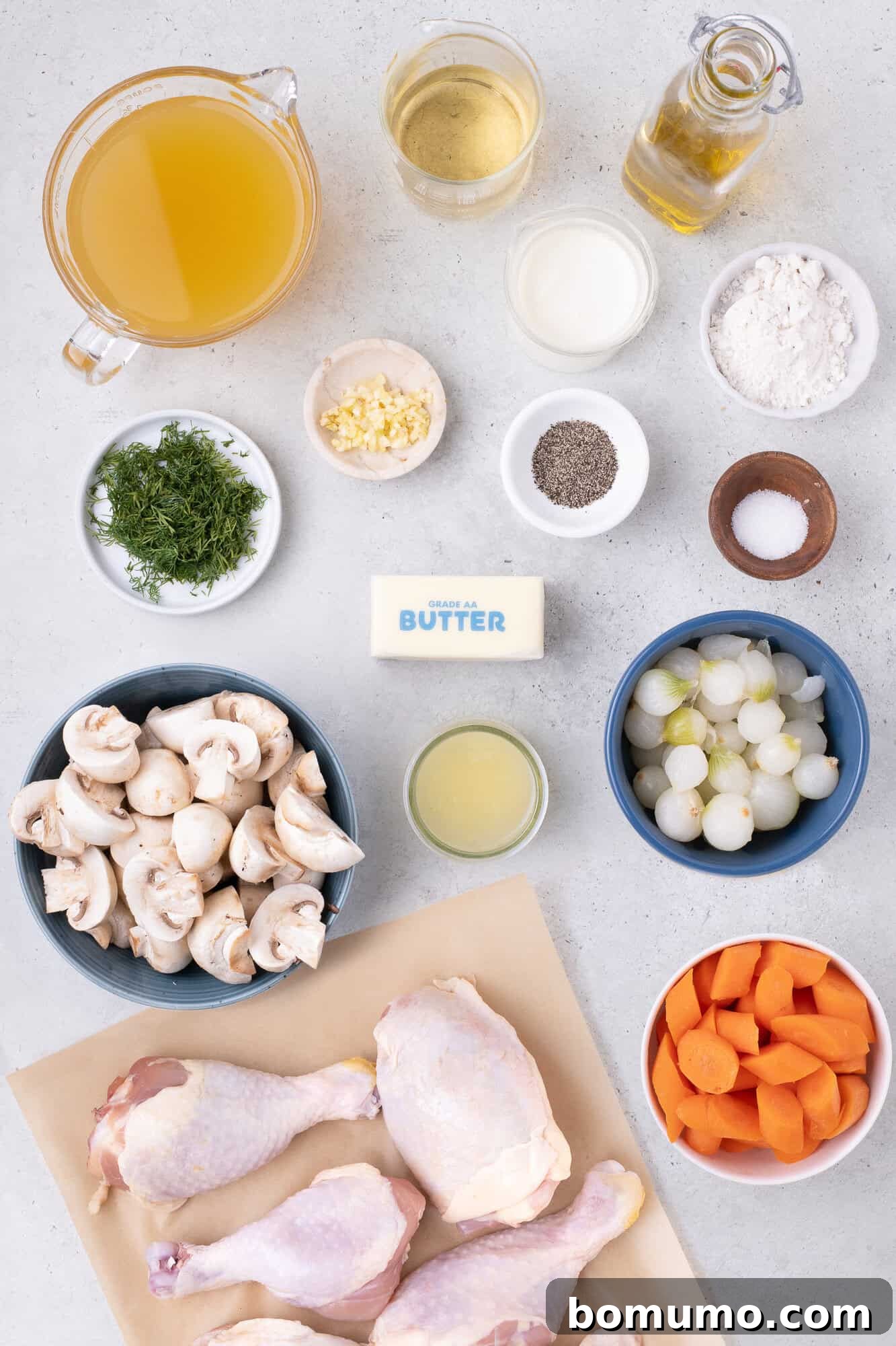 An overhead view showcasing all the fresh ingredients perfectly laid out for preparing a delicious chicken fricassee recipe.