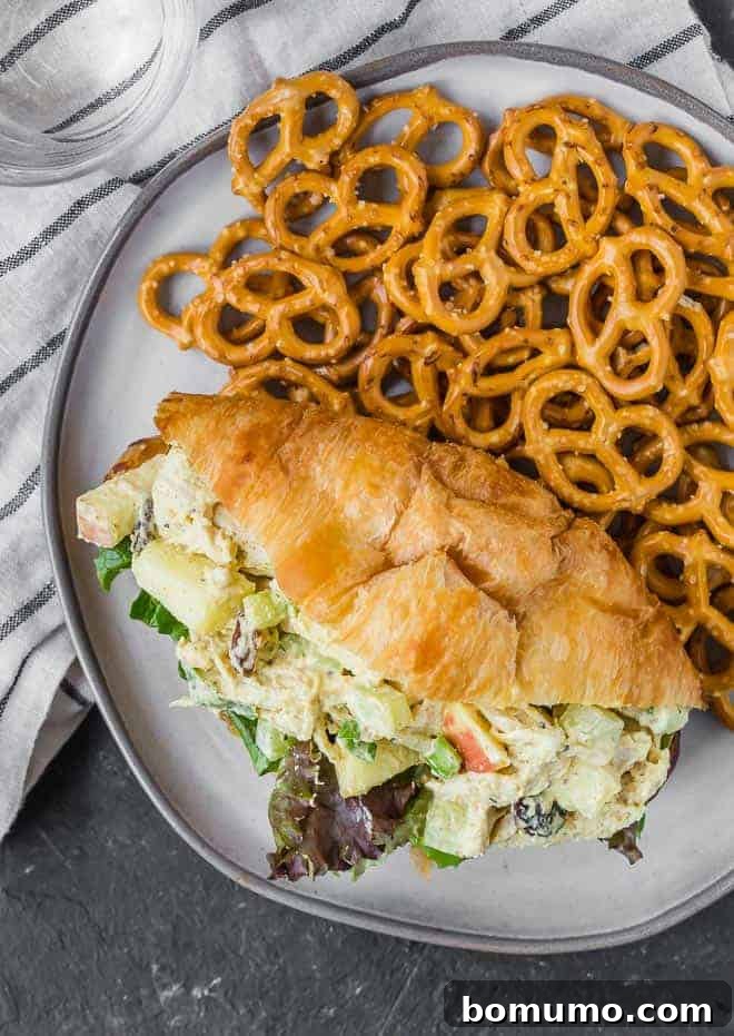 An overhead view of a beautifully prepared curried chicken salad served on a croissant, accompanied by mini pretzels.