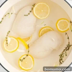 Poached chicken breasts in a pan with water, lemon slices, and thyme sprigs.