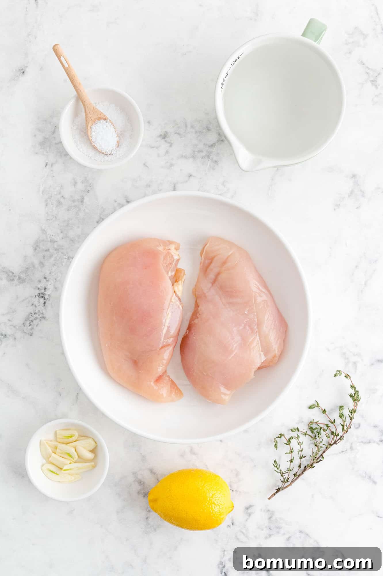Overhead view of chicken ingredients with optional aromatics like lemon, garlic, and fresh thyme.