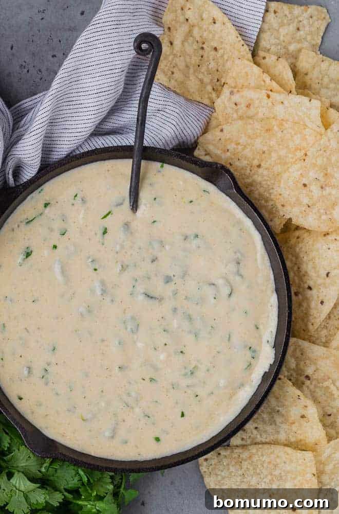 An overhead view showcasing rich poblano queso in a black skillet, accompanied by a black spoon, a stack of chips, a textured linen, and fresh cilantro sprigs.