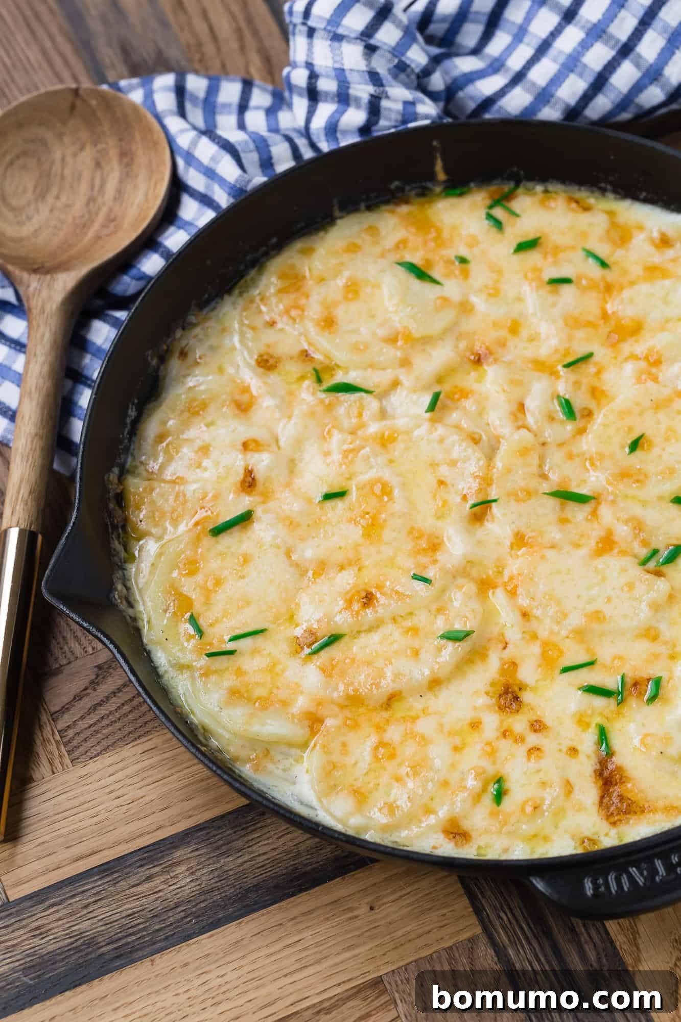 A black skillet filled with bubbly, cheesy scalloped potatoes, ready to be served.
