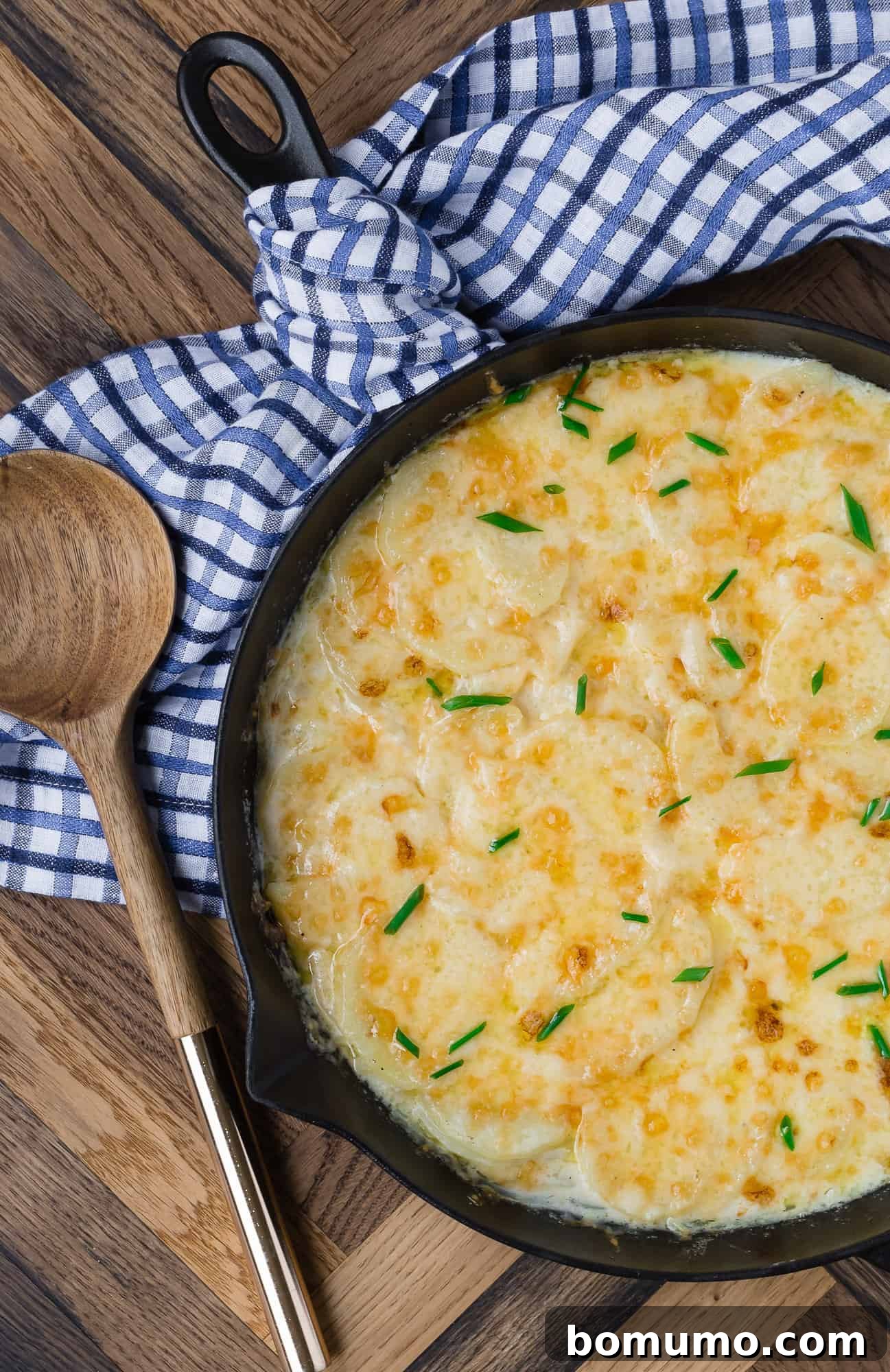 Cheesy scalloped potatoes presented in a skillet, ready for serving.