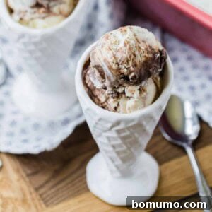 Fudge swirl ice cream in a white cone shaped bowl.