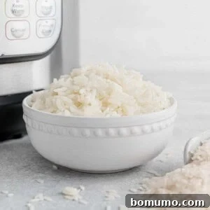 White rice in a white bowl with an instant pot in the background.