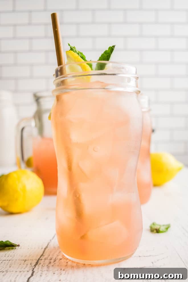 Watermelon Lemonade Mixer 2 A tall glass of watermelon lemonade with a straw, garnished with lemon slices and fresh mint. Ingredients are pictured in the background.