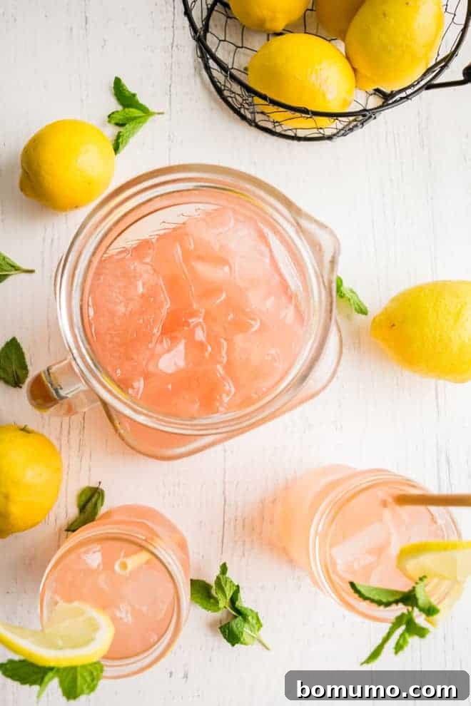 Watermelon Lemonade Mixer 3 Overhead view of a pitcher and two glasses of a pink beverage on ice.
