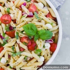 Close up partial view of a bowl of pasta salad with tomatoes, fresh mozzarella, red onion, and fresh basil.