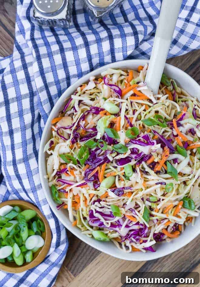 Overhead view of vibrant vinegar coleslaw in a bowl with a serving spoon. A small bowl of fresh sliced green onions and a blue and white checkered cloth are also in the picture, highlighting its fresh appeal.