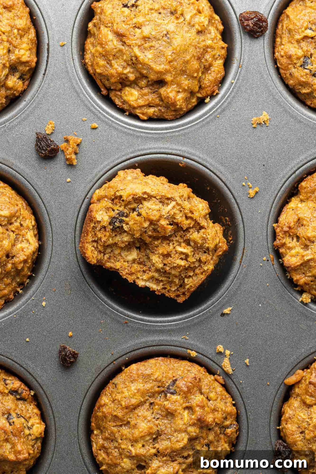 An overhead view of golden-brown carrot raisin muffins cooling in a metal muffin tin.