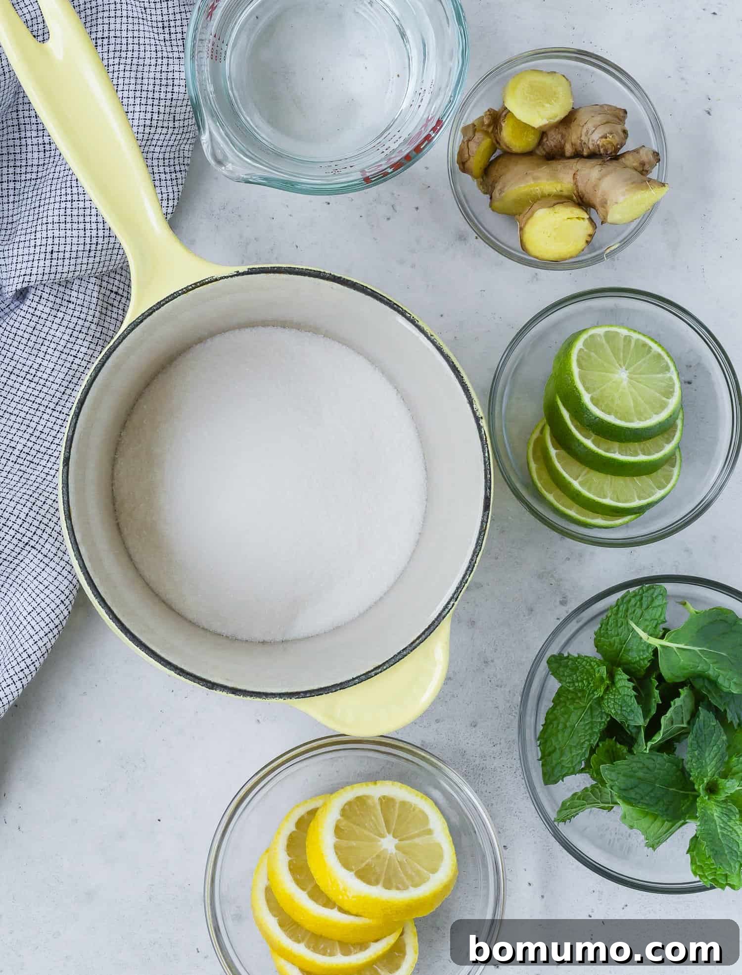 Ingredients for a infused simple syrup: lemon slices, lime slices, ginger pieces, mint leaves, a pot with sugar, and a measuring cup with water on a countertop.