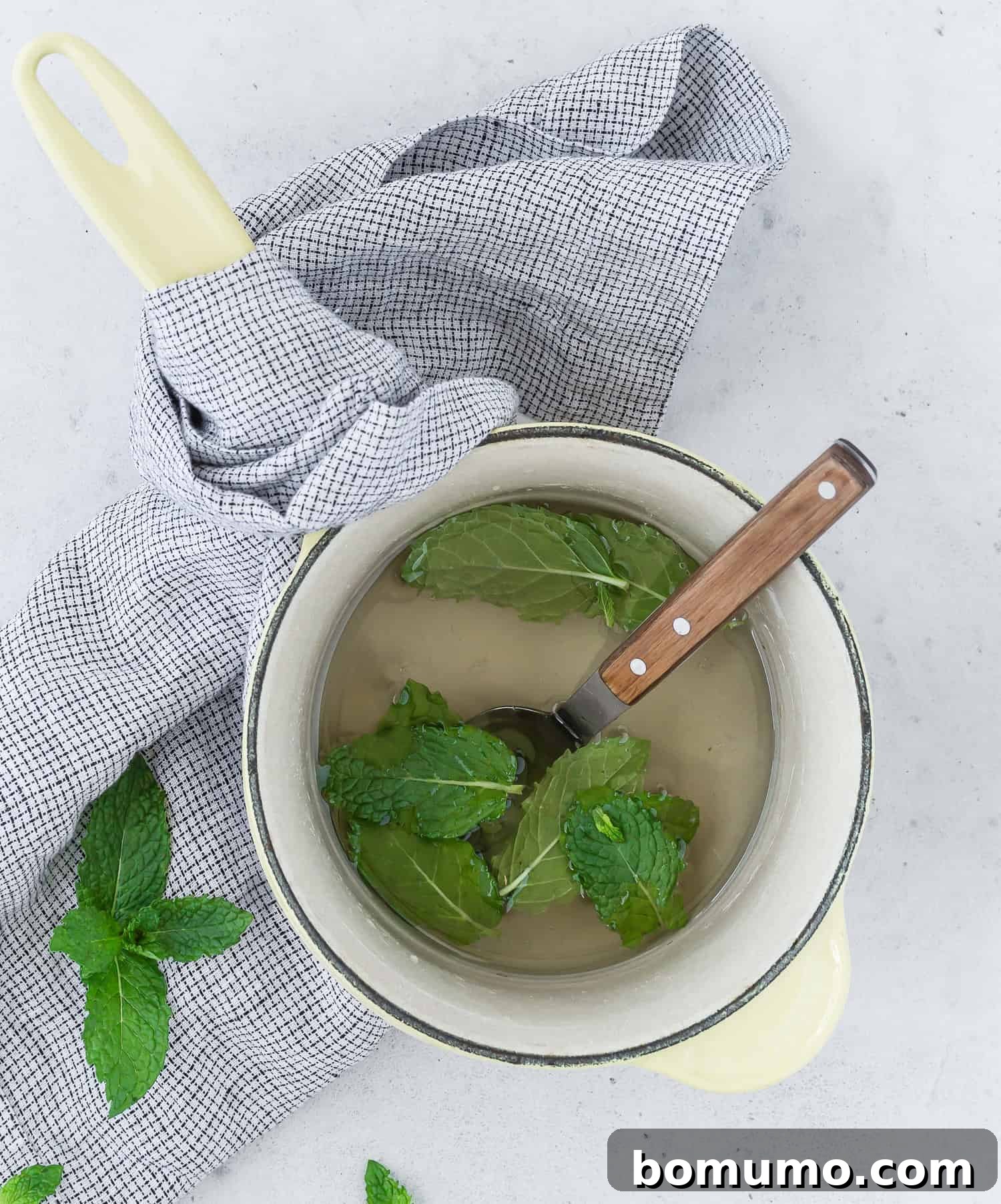 A saucepan with a wooden-handled spoon contains a liquid and mint leaves, resting on a gray checked cloth. Additional mint leaves and the cloth are on a light gray surface.
