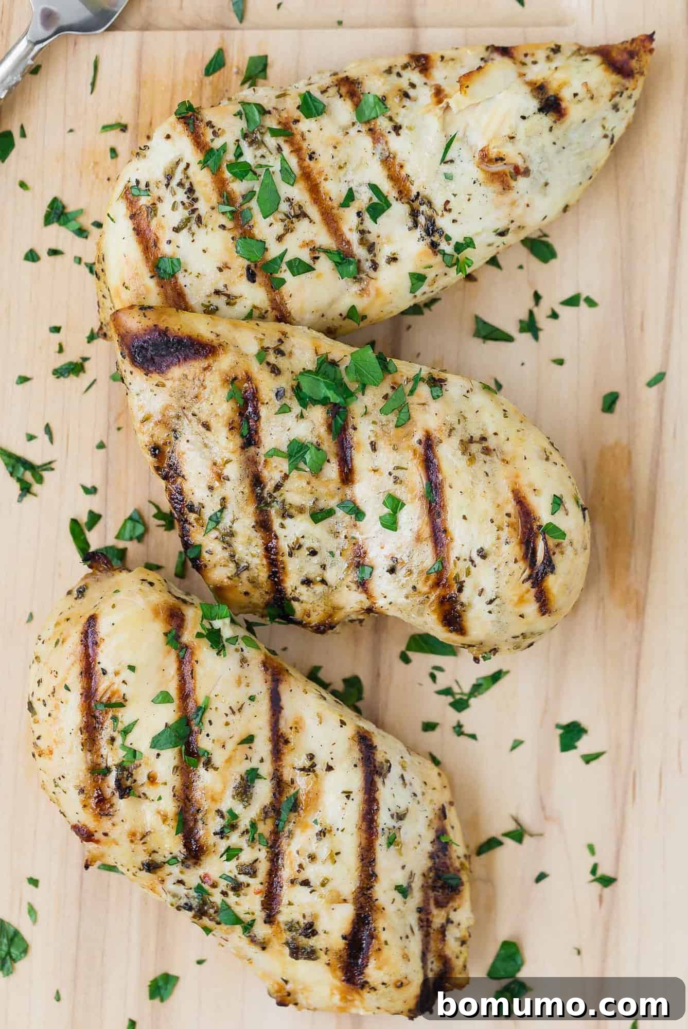 Overhead view of three grilled chicken breasts with fresh parsley.