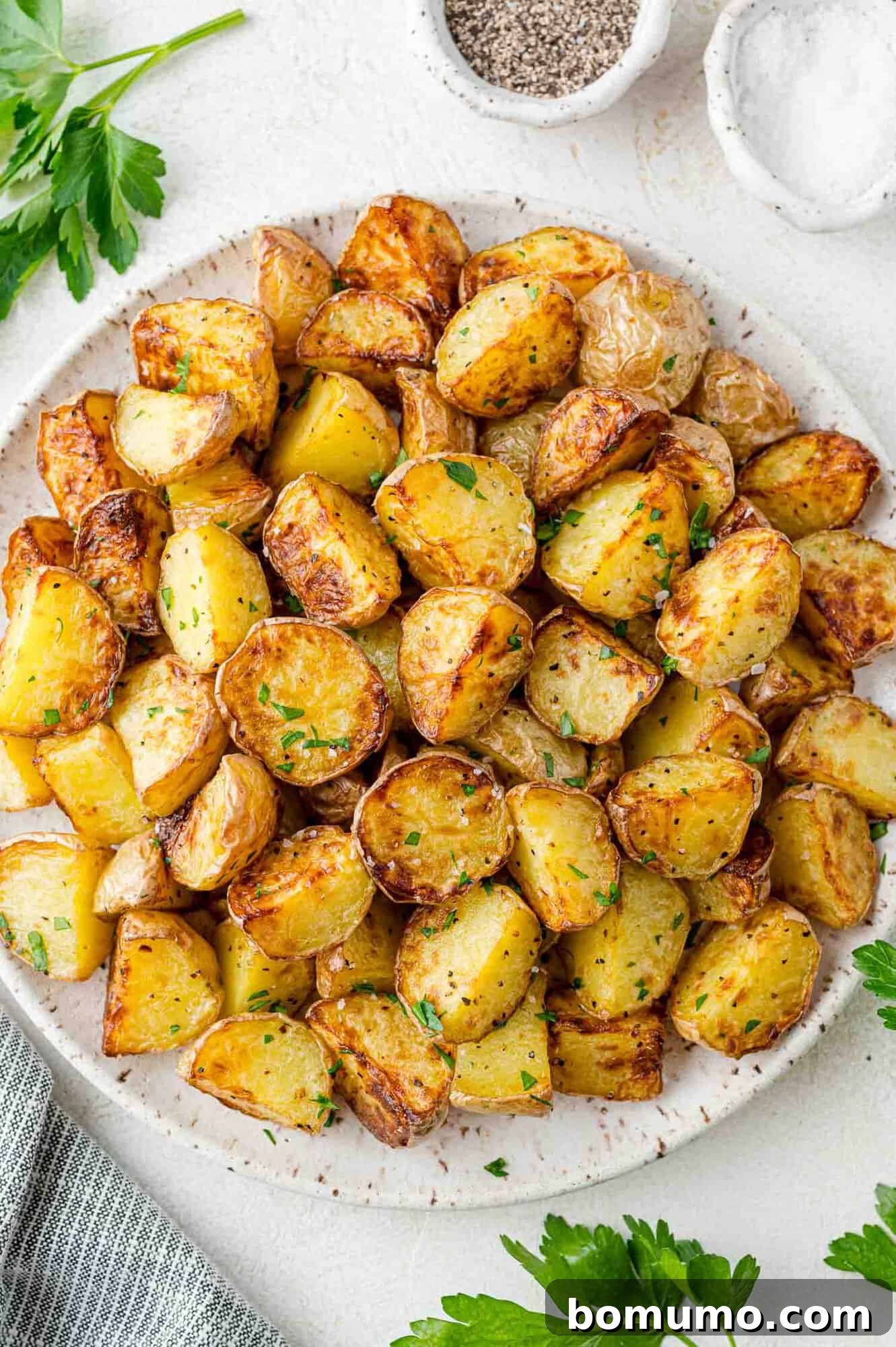 Plated air fryer baby potatoes, garnished with fresh chopped parsley for a touch of freshness and color.