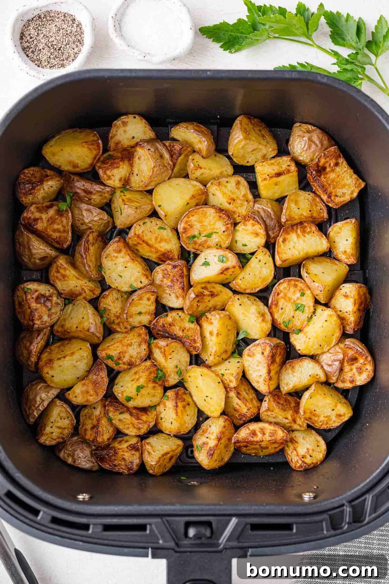 Overhead shot of freshly cooked, golden air fryer potatoes still resting in the air fryer basket, highlighting their crispy texture.