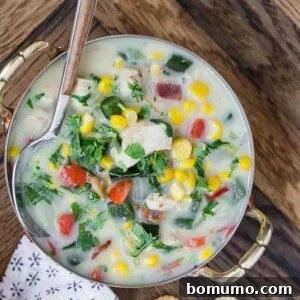 Close-up overhead view of chicken corn chowder, in a two-handled bowl, with a spoon.