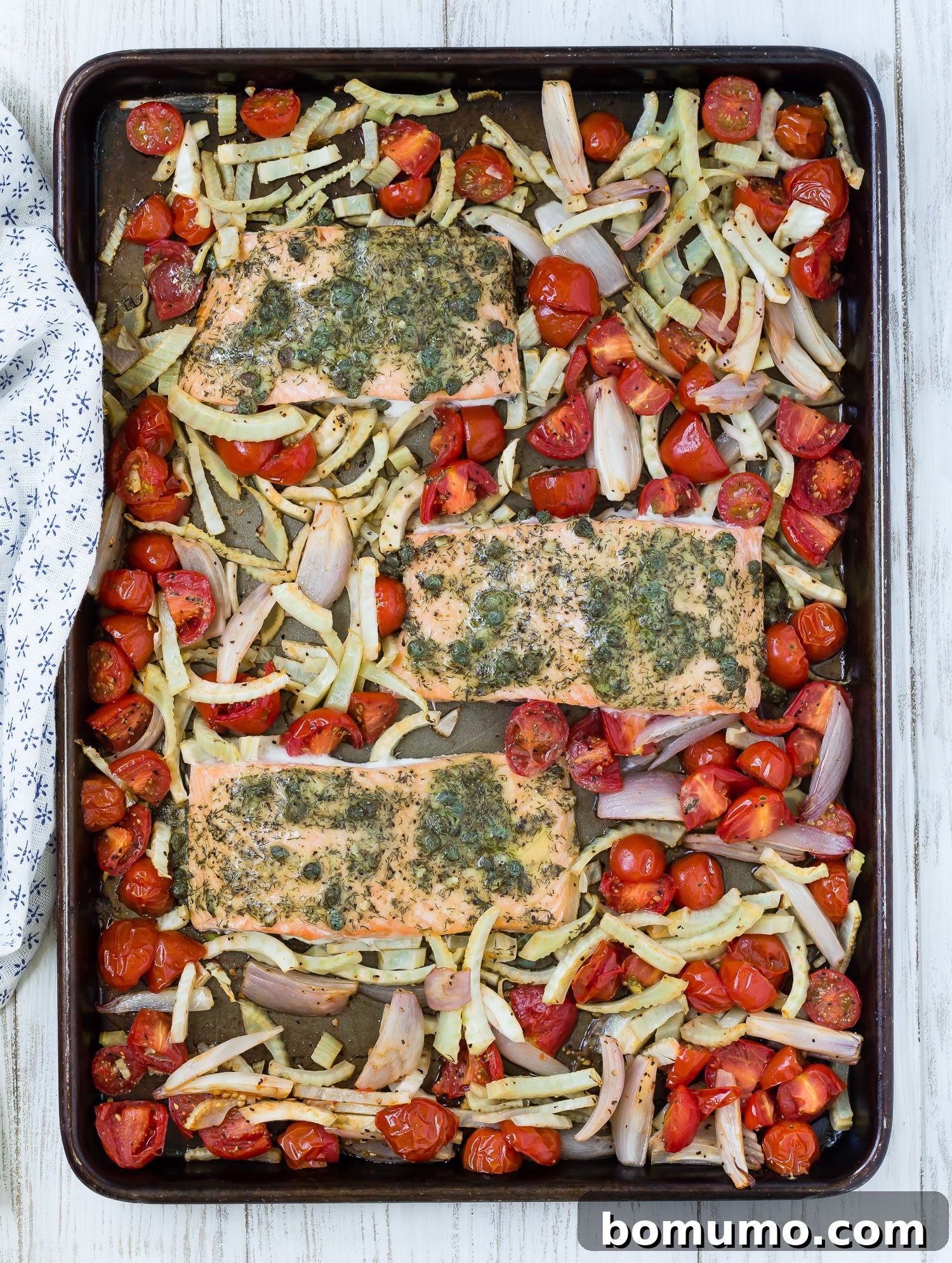 Salmon, fennel, and tomatoes beautifully arranged on a sheet pan, seasoned and ready for roasting.