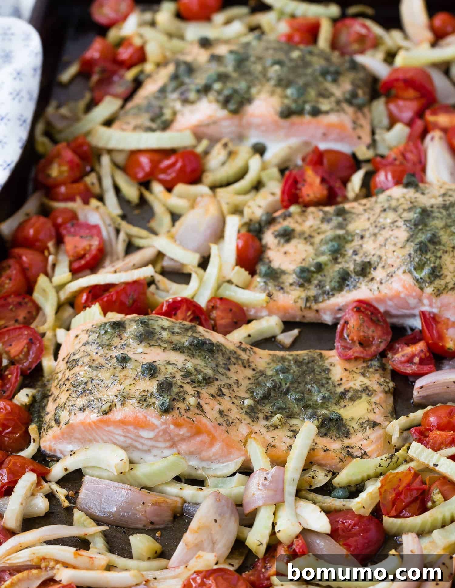 A large sheet pan filled with perfectly roasted salmon fillets surrounded by tender, caramelized vegetables and herbs.