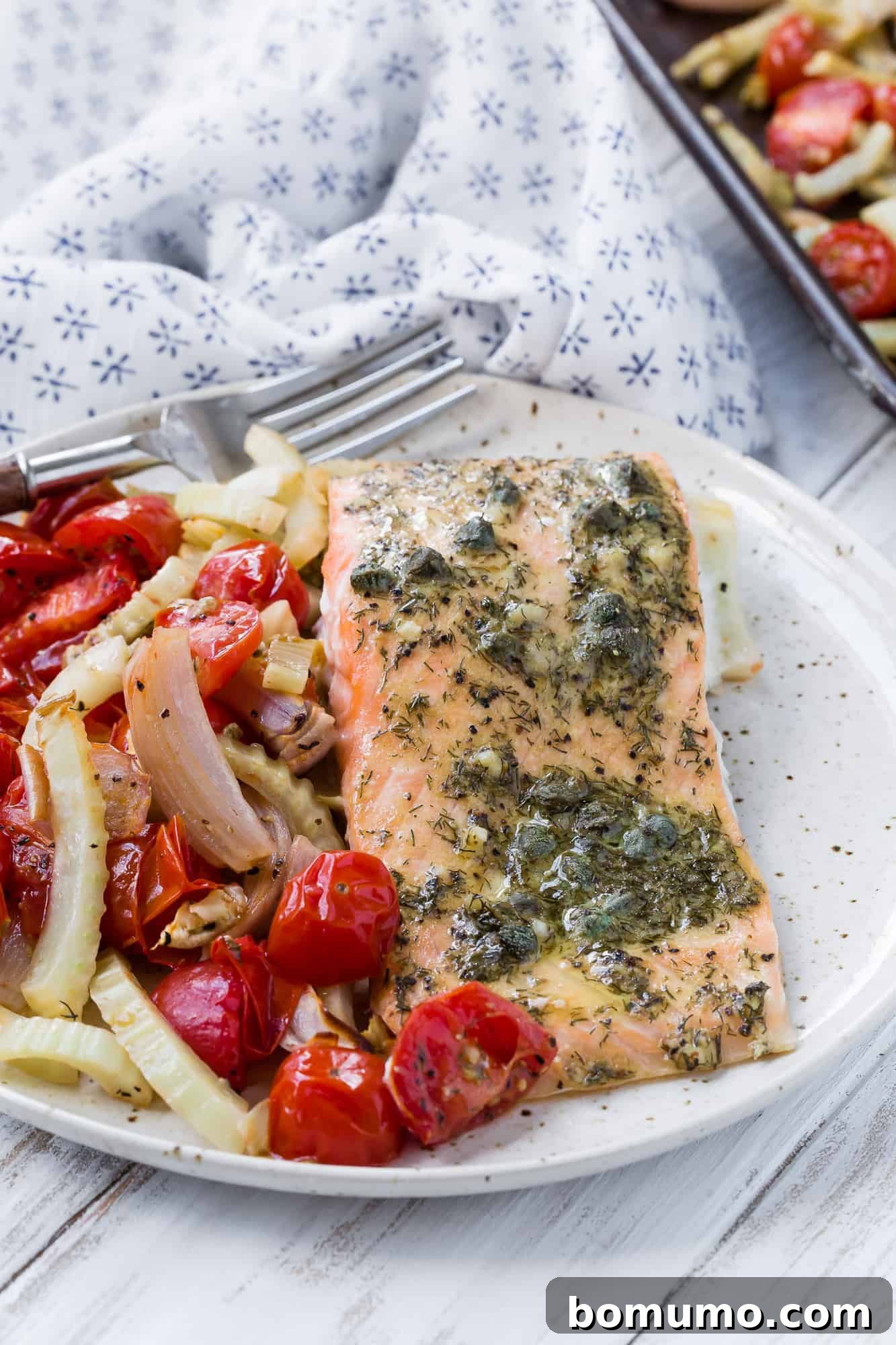 A crisp white plate showcasing a perfectly cooked salmon fillet, roasted tomatoes, and tender fennel, ready to be enjoyed.