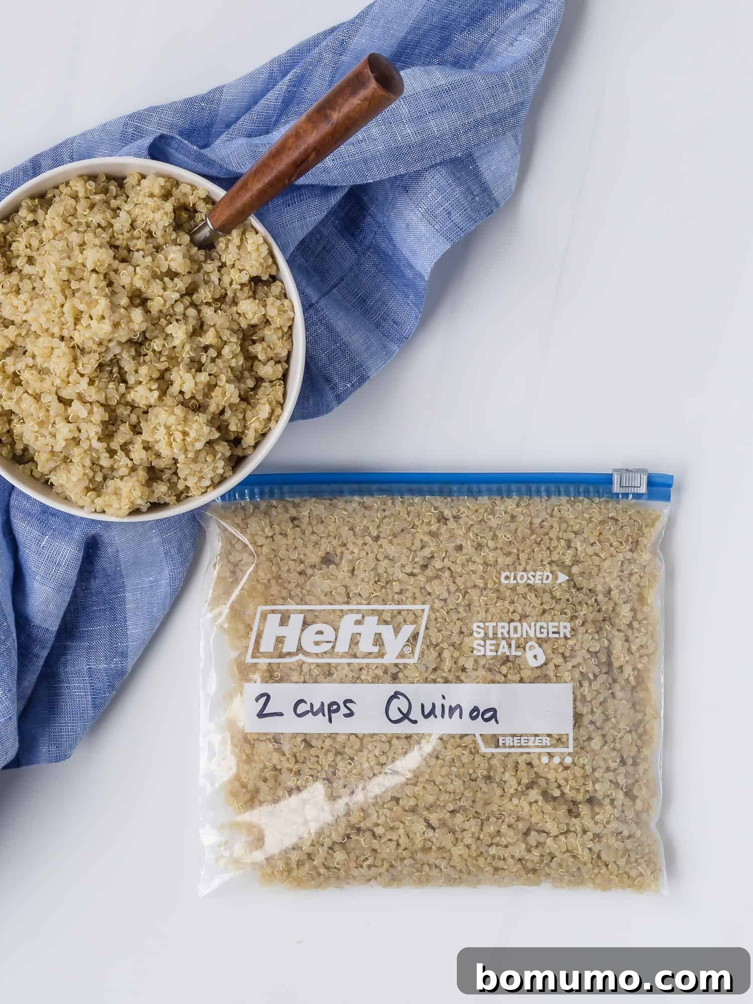 Quinoa in a zip-top bag and in a bowl, illustrating ready-to-freeze portions.