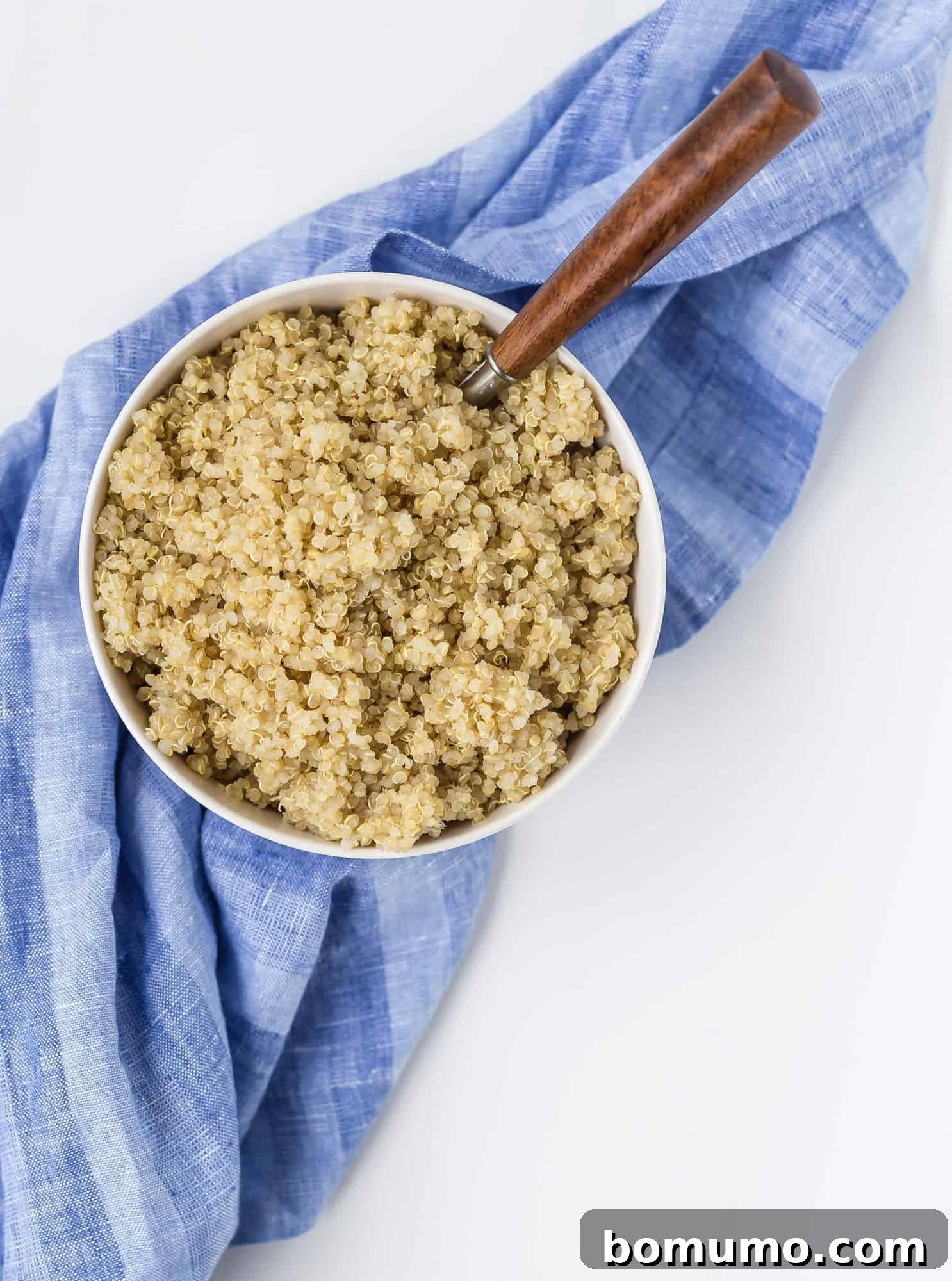 Cooked quinoa in a bowl, ready to be portioned and frozen.