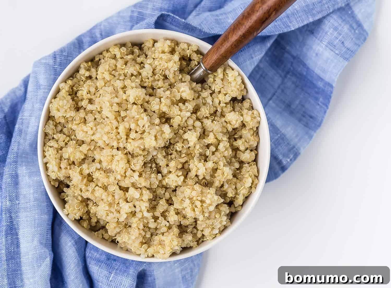 Cooked quinoa in a bowl with a wooden spoon, showcasing its perfect fluffy texture.