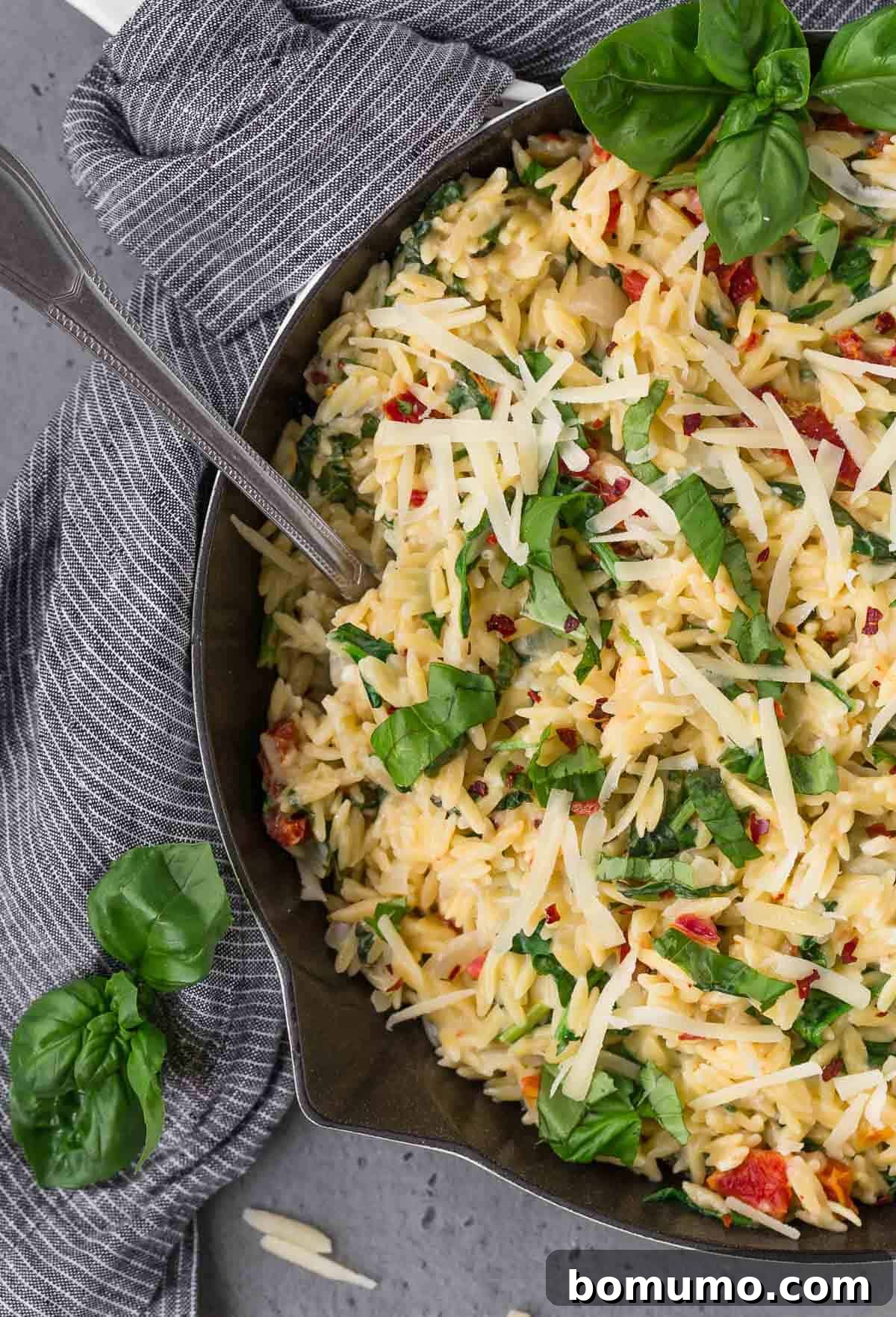 Overhead view of vibrant vegetarian orzo pasta in a cast iron skillet, garnished with fresh basil leaves and grated Parmesan cheese, ready to serve.