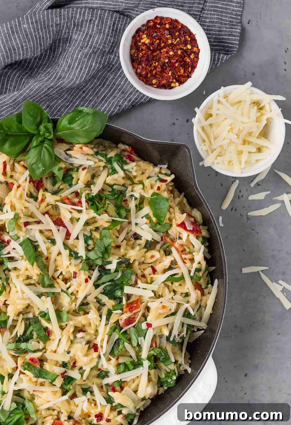 An overhead shot captures a creamy bowl of orzo pasta nestled in a skillet, accompanied by a small bowl of finely grated parmesan cheese and another with vibrant red pepper flakes. The setting hints at a delicious, comforting meal.
