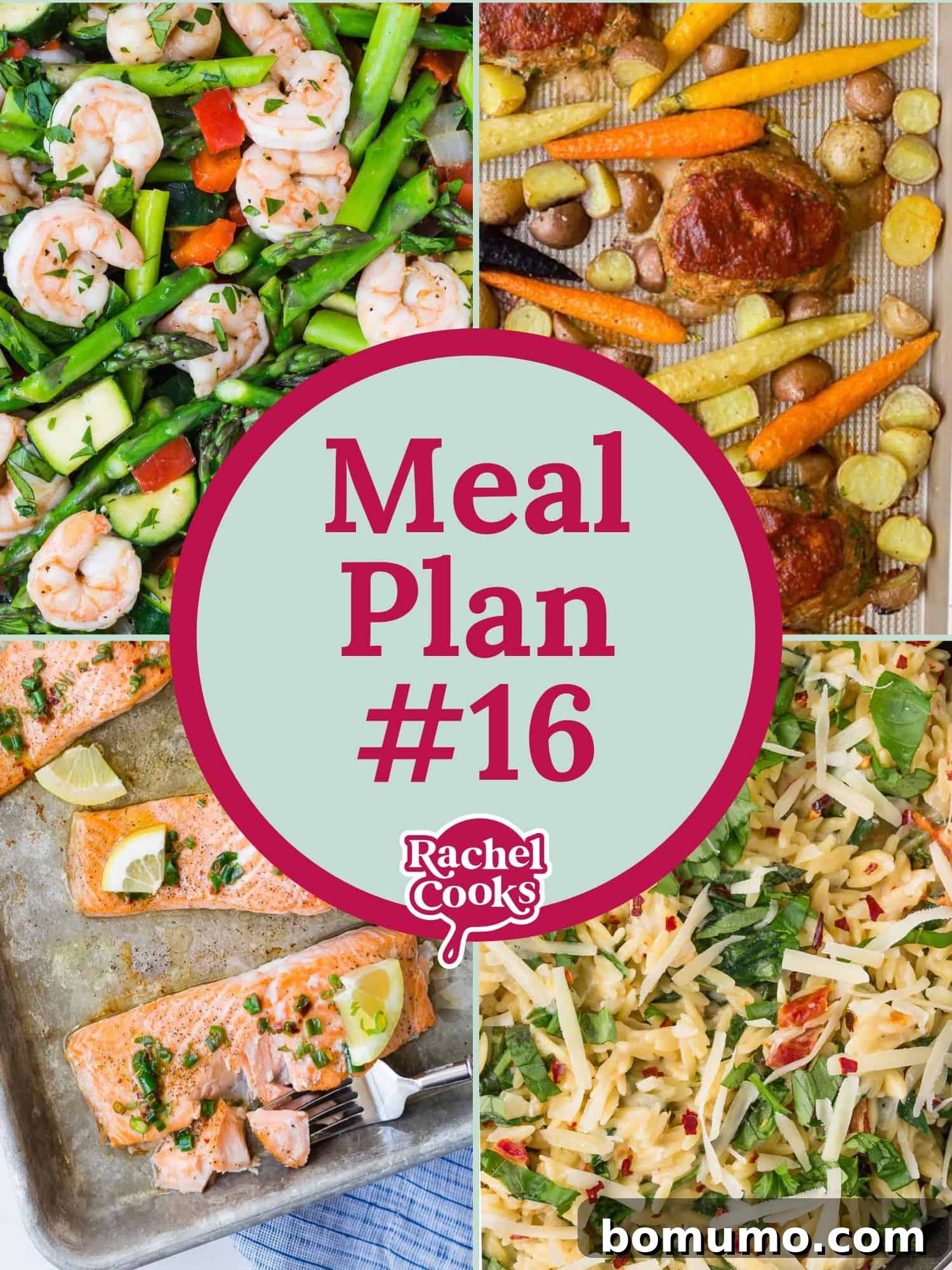 A graphic depicting Meal Plan 16, designed as a portrait-style post graphic, featuring appetizing meal imagery.