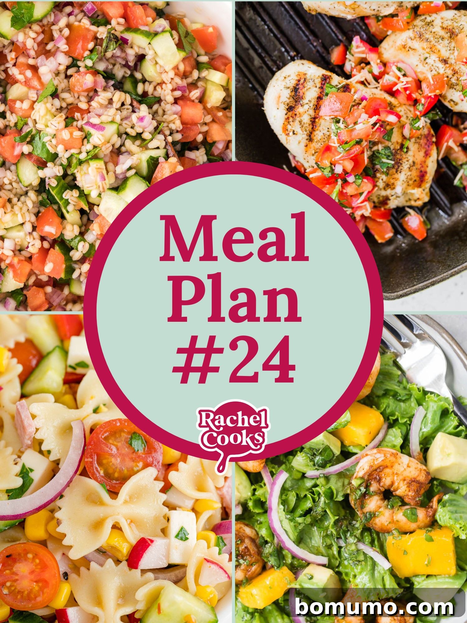 A graphic promoting a meal plan, featuring various delicious recipe images and text.
