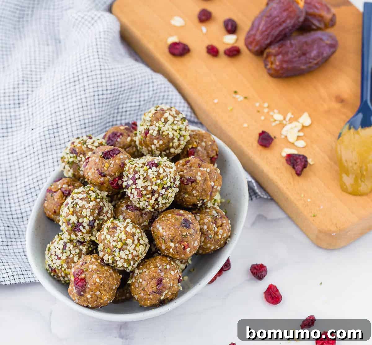 Cranberry Oat Power Bites 5 Energy balls in a bowl, in the background dates, oats, sunflower seed butter and dried cranberries are pictured.