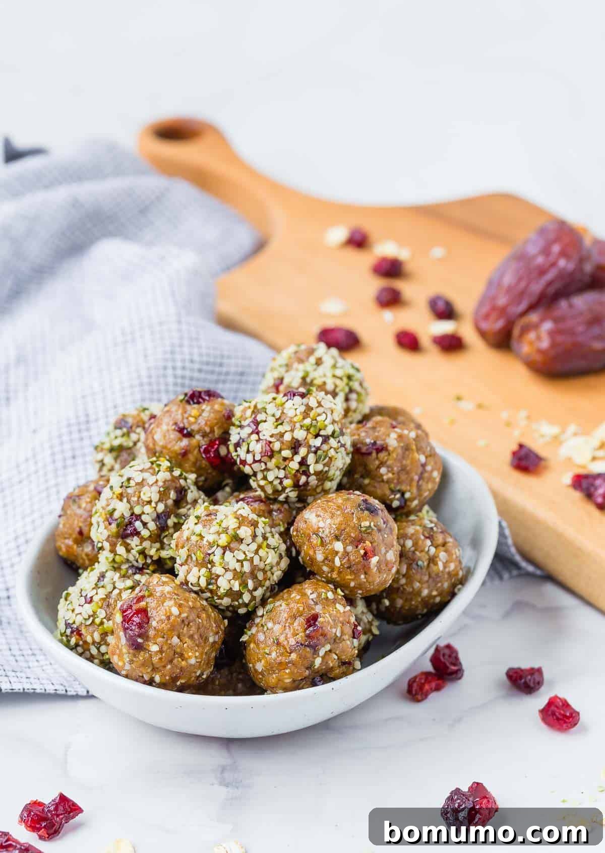 Cranberry Oat Power Bites 6 A bowl of energy bites with dried cranberries, dates, and oats in the background.