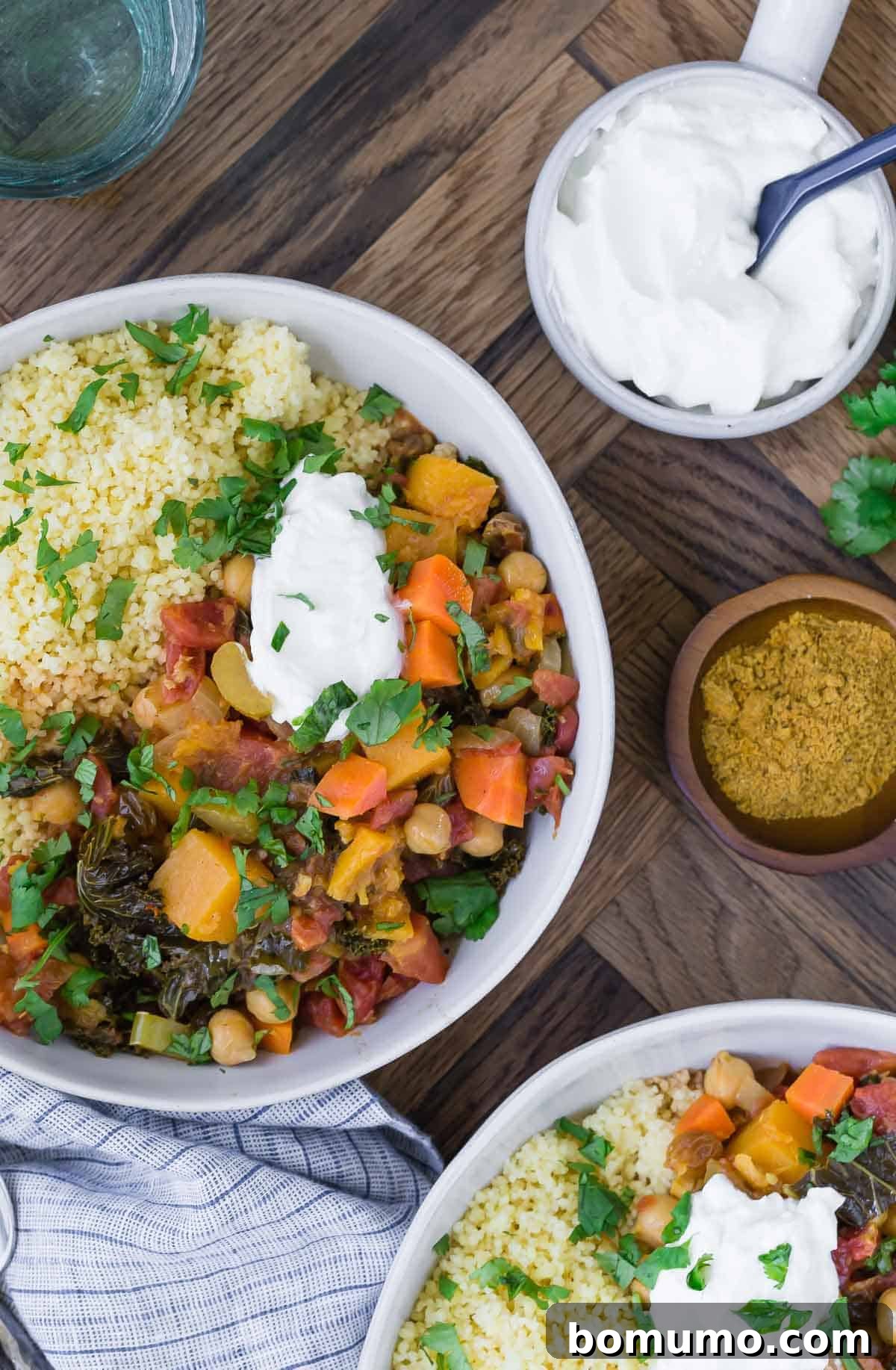 Overhead view of squash stew with chickpeas and moroccan spices.