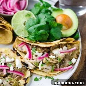Pork tacos on a plate with cilantro, avocados, and pickled red onions.