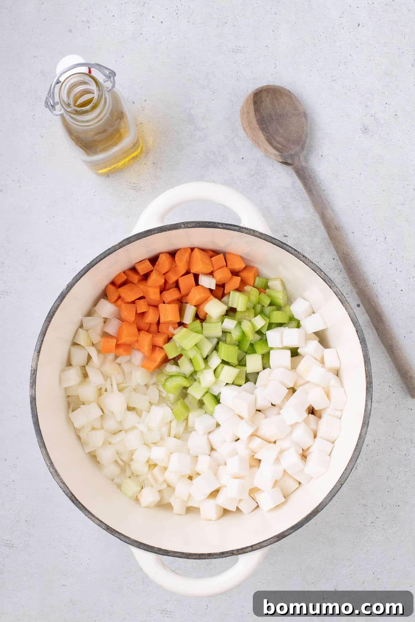 Initial vegetables (onions, carrots, celery, turnips) in a large pot, pre-sautéing.