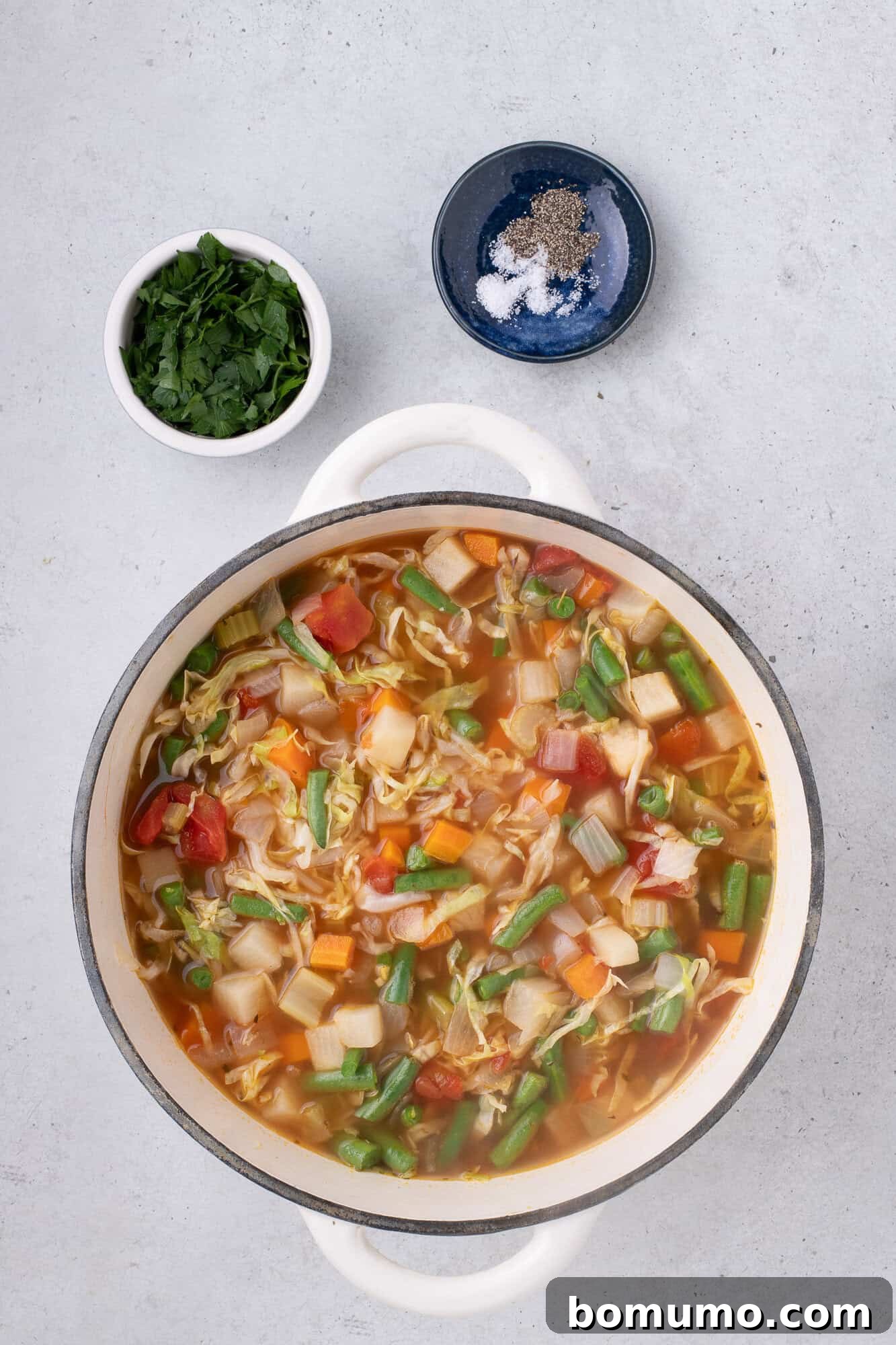 The vegetable soup before its final simmer, with all ingredients combined.