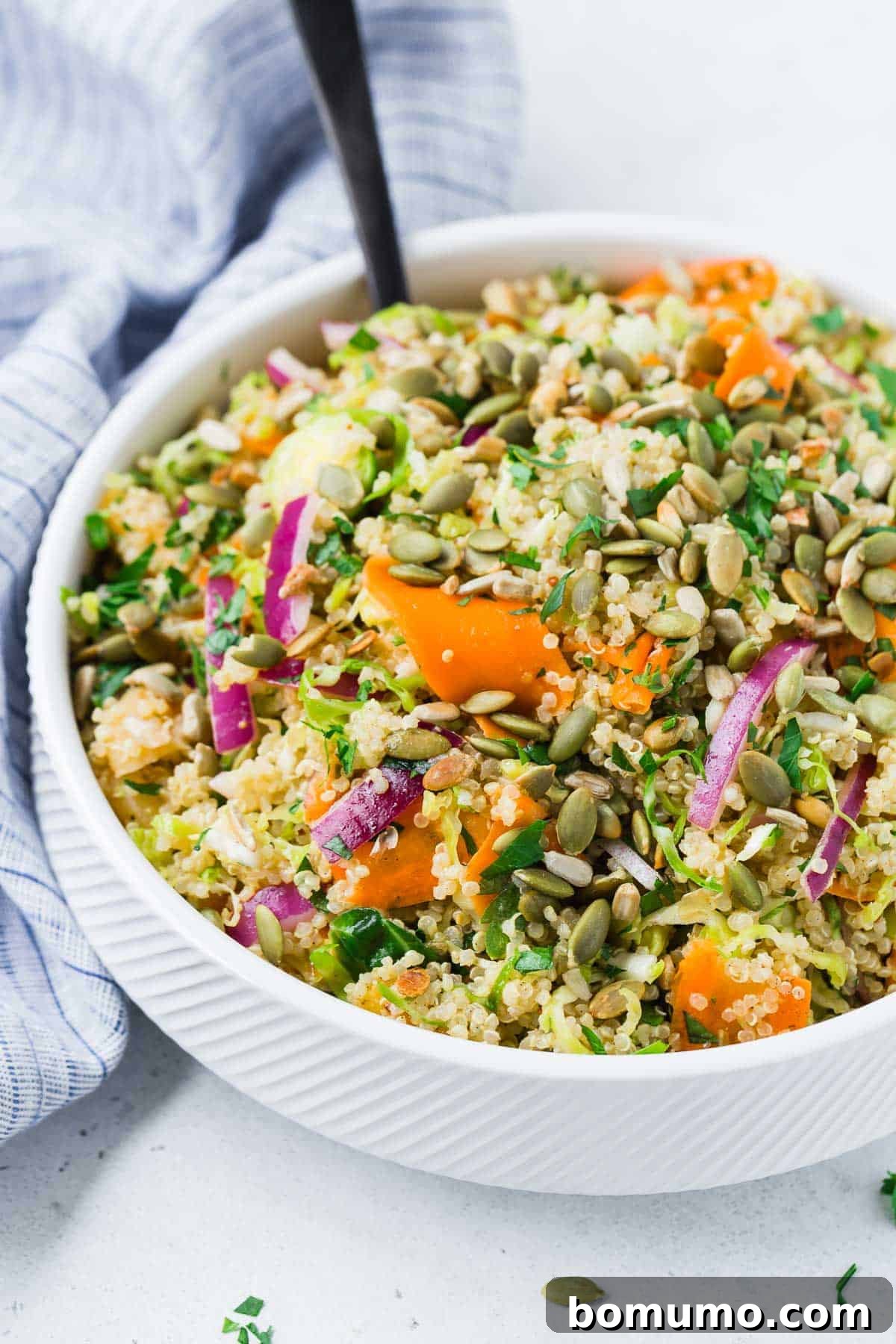 Close-up view of a vibrant vegan quinoa salad in a ceramic bowl, showcasing quinoa, shredded Brussels sprouts, and other colorful vegetables.