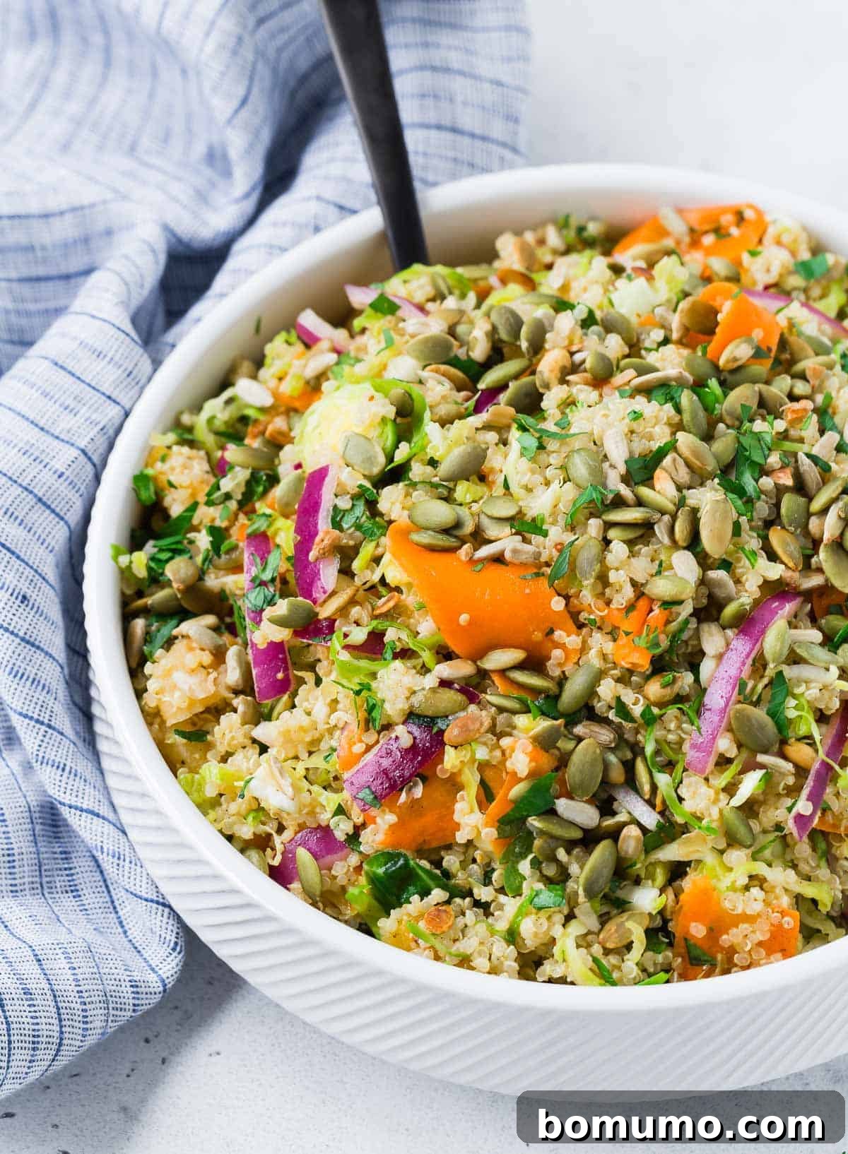 Beautifully presented vegan quinoa salad in a white bowl on a light grey background, ready for serving.