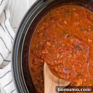 A wooden spoon inserted into a black crockpot full of spaghetti sauce.
