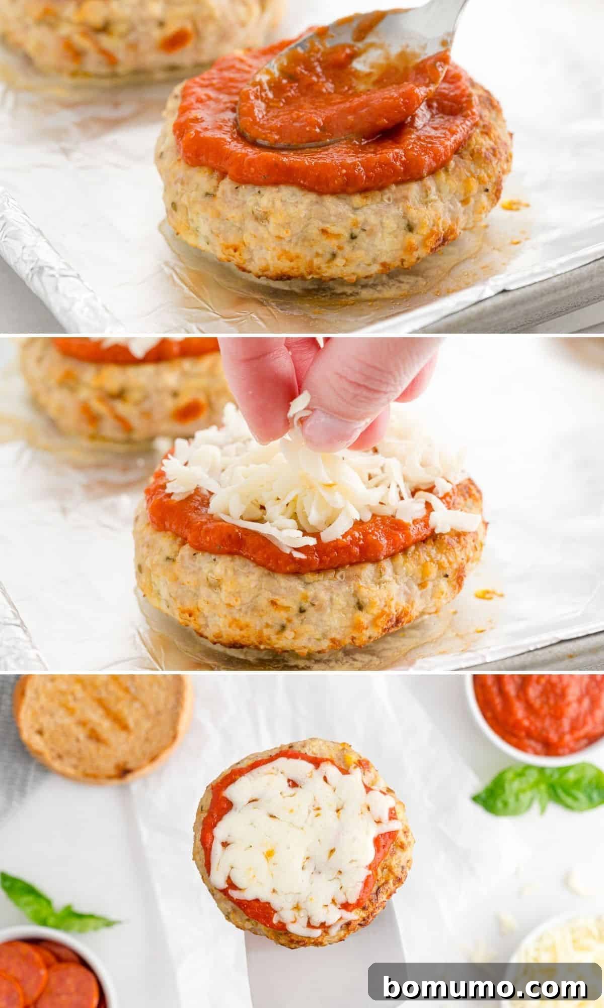 A close-up of a cooked turkey burger, with rich pizza sauce and shredded mozzarella cheese being added, preparing for the final broil.
