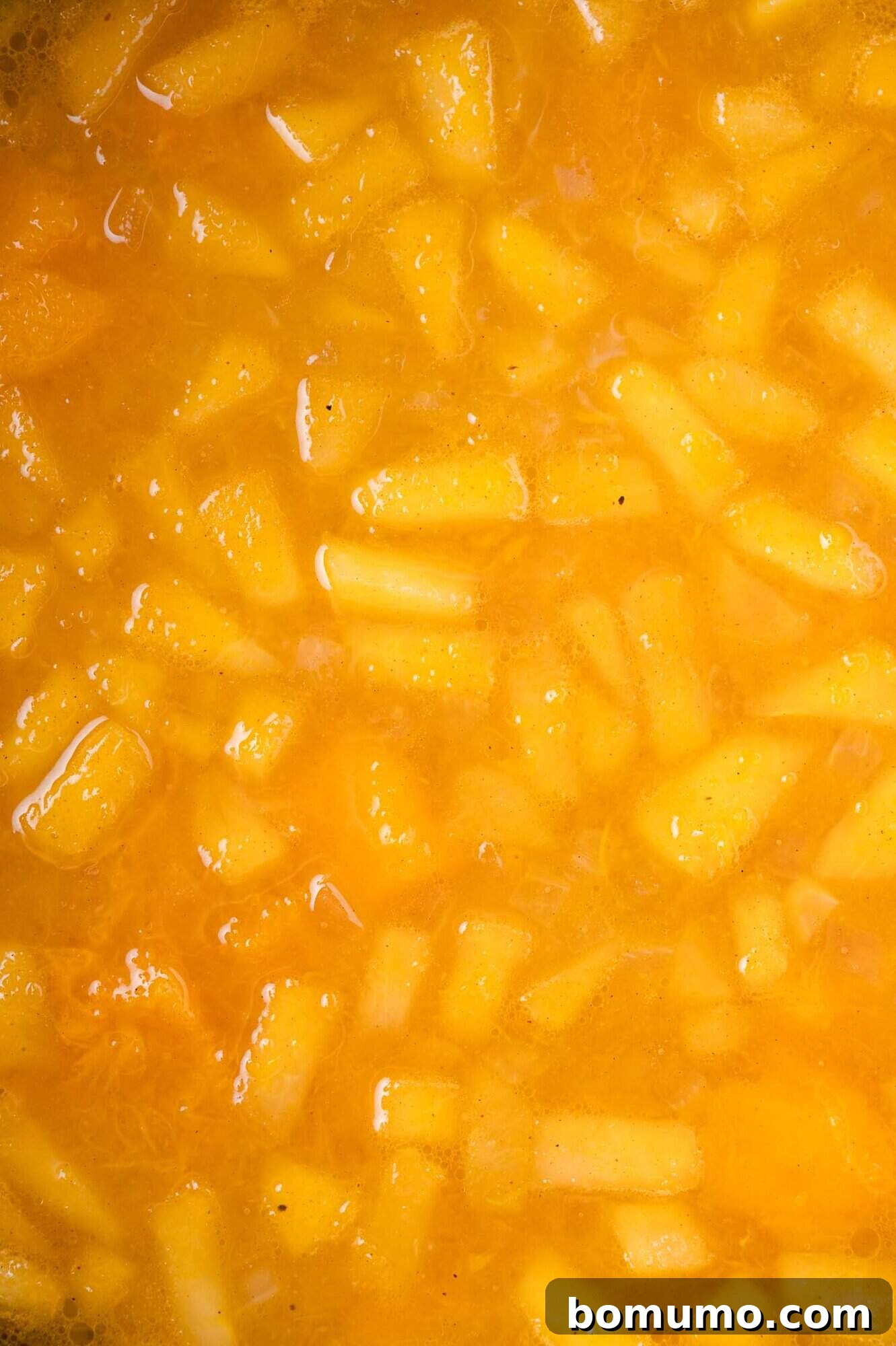 Close-up of cooked chopped apples floating in a squash soup, not yet pureed.